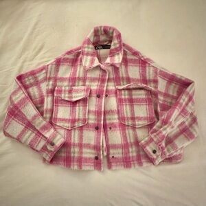 Zara Women's Pink and Cream Checkered Jacket